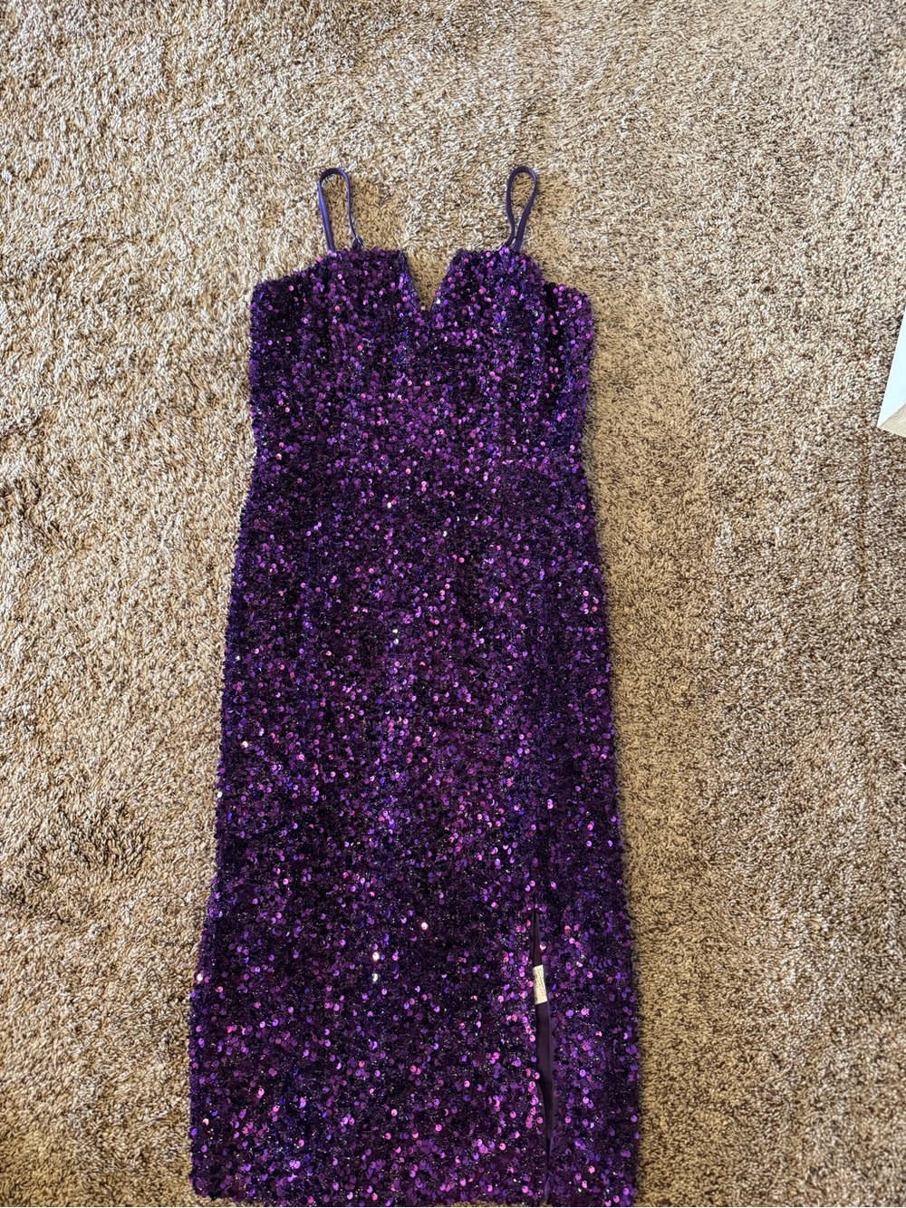 Purple Sequin Spaghetti Strap Midi Dress